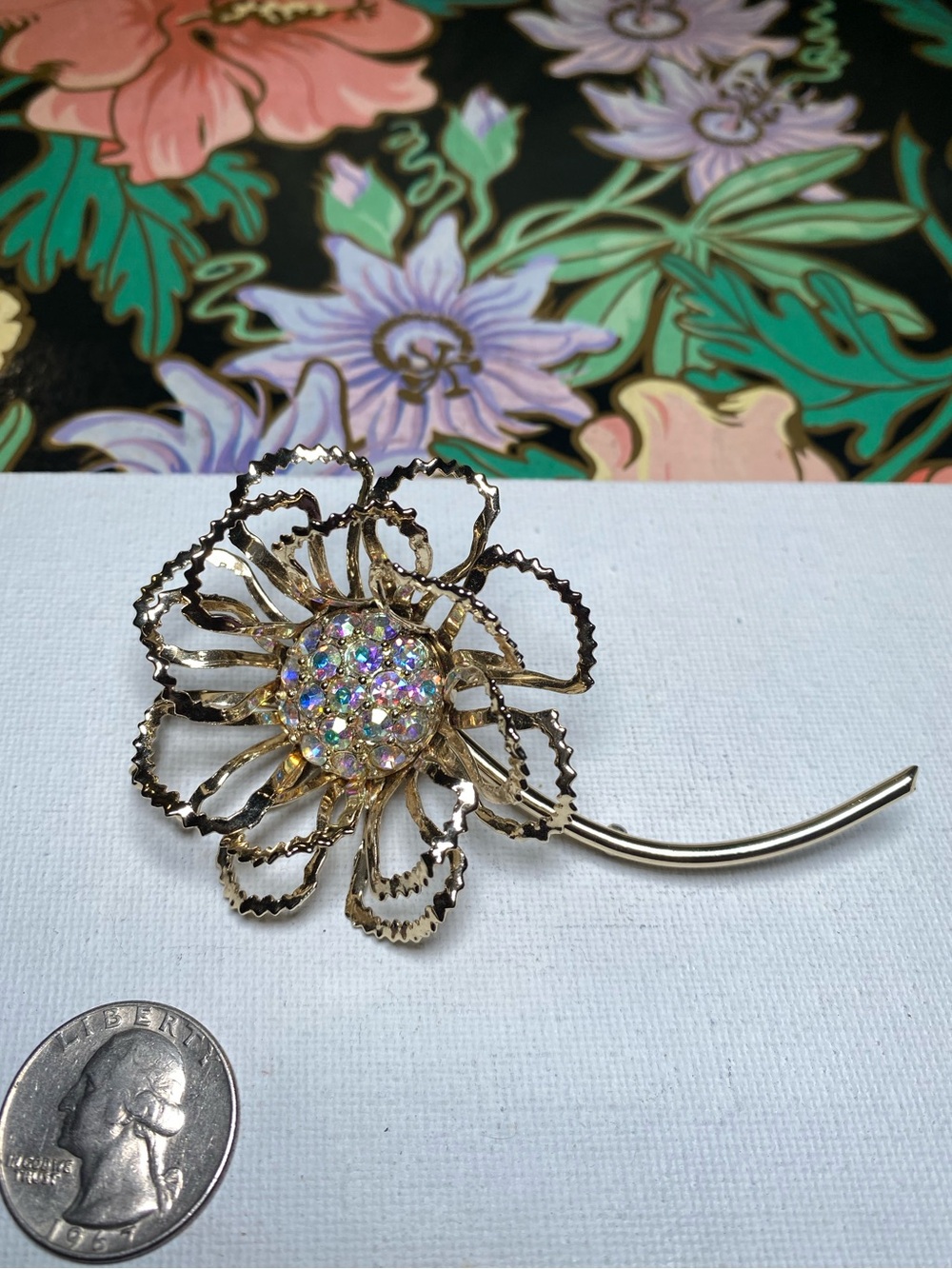 Vintage Sarah Cov Floral Crystal Brooch - Iridescent Center